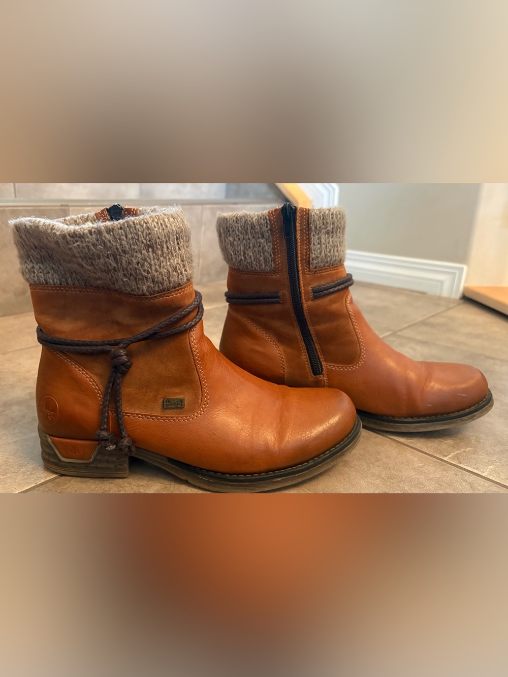Rieker Cognac Brown Leather Ankle Boots with Knit Cuff